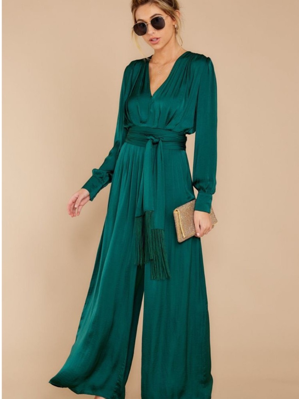 Emerald Satin Wrap Jumpsuit with Tassel Sash